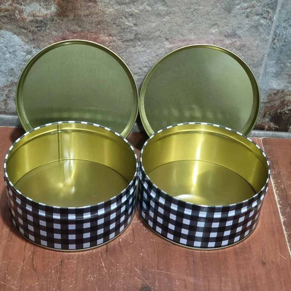 Two Noel Farms Round Christmas Cookie Candy Tins with Lids